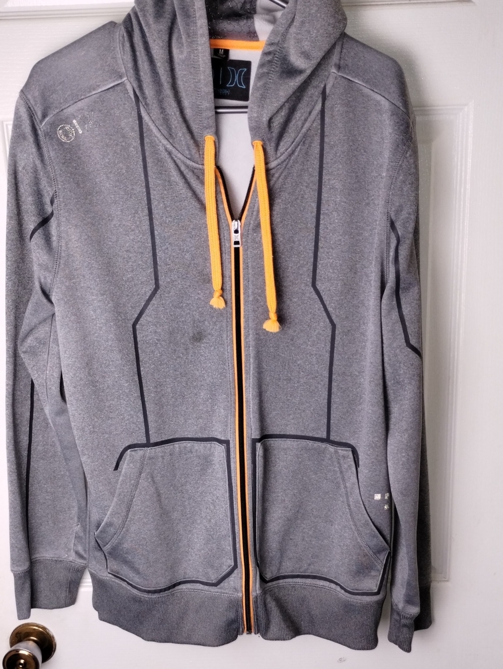 Hurley Gray Zip-Up Sweatshirt with Yellow Drawstrings. Size Med